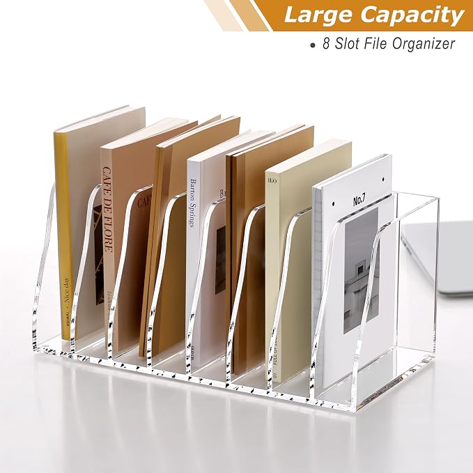 SANRUI Acrylic Desk File Organizer, 8 Slot Clear Magazine File Holder | Desktop Vertical Workspace Sorters, Folder Rack for Office Accessories Organization Storage