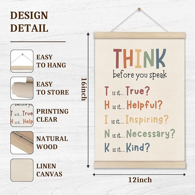Growth Mindset Poster Hanger Frame, Think Before You Speak Sign 16x12 Inch, Educatonal Posters, School Counselor Office Decor, Boho Classroom Decor, Inspirational Canvas Prints for Classroom