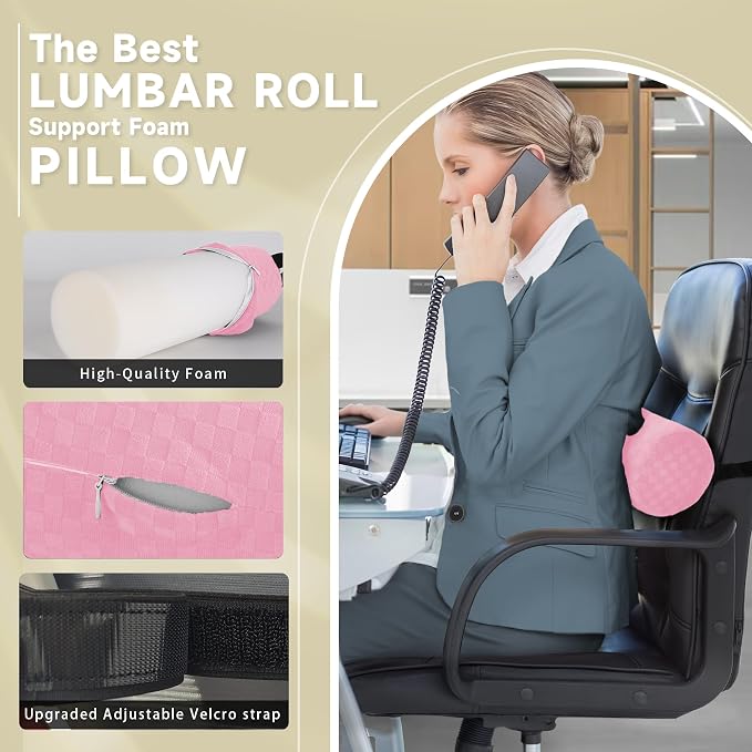 Coeyese Lumbar Roll Pillow for Lower Back Support, Light Pink, 11 * 4.3'' | Removable Pillowcase, Upgraded Adjustable Strap, Suitable for Office, Chair, Car, Seat Pain Relief & Improving Posture