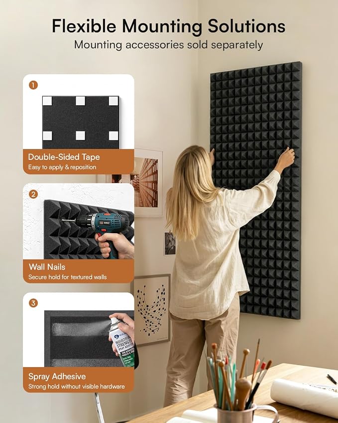 SODOCT 2 Pack Large Pyramid Acoustic Foam Panels, 48 x 24 x 2 Inches High Density Sound Proof Foam for Walls, Professional Sound Absorbing Studio Panels for Home Theater, Recording (Black)