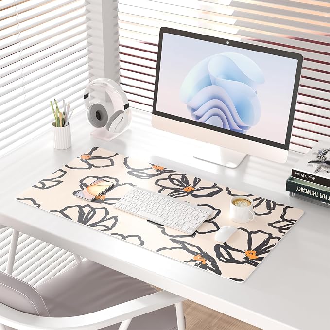 Colorful Star Leather Waterproof Desk Pad, Large Computer Keyboard Mat, Mousepad Office Accessories for Women, Abstract Line Floral 31.5" x 15.7"