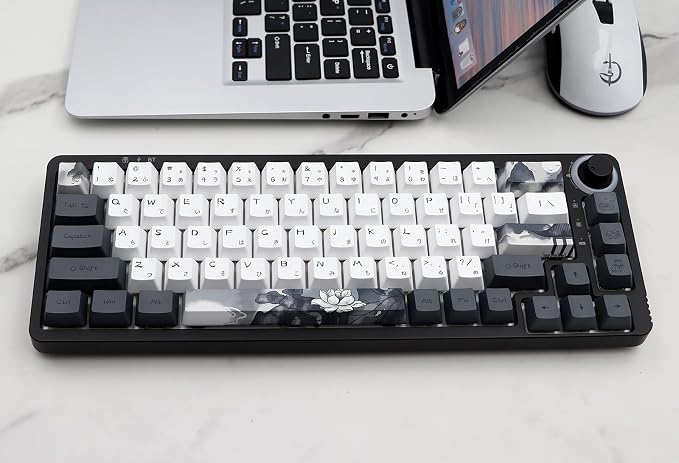 JSJT Ink Lotus Keycaps OEM Profile Japanese Keycaps 140 Keys PBT Dye Sublimation Custom Keycap Suitable for GK61/64/68/84/87/96/98 Cherry MX Switches ANSI/ISO Layout Mechanical Keyboards