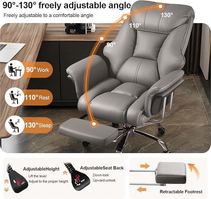 Big and Tall Office Chair Wide Seat Ergonomic Leather Executive Desk Chair with Leg Rest, Heavy-Duty 550 lbs Adjustable Height Computer Gaming Chairs