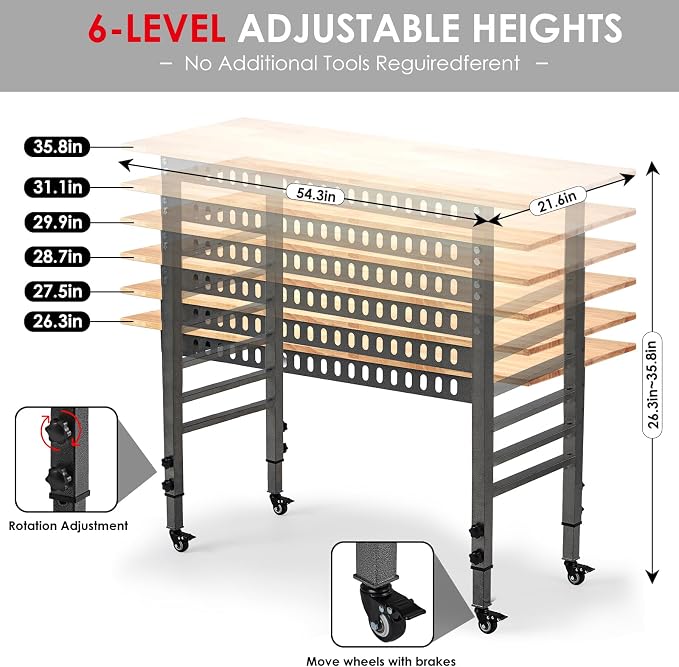 OLBRUS 54.3 "Adjustable Workbench with Power Outlet, Heavy Duty 2000 LBS Load Capacity Hardwood Workbench Suitable for Workshop, Office, Garage, Home (Metal Wheels丨Power Outlets 54.3"x21.6")