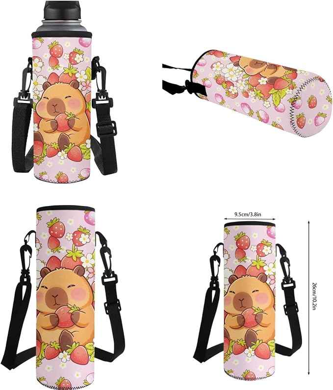 WELLFLYHOM 4 PCS Pink Strawberry Capybara Backpack Set for Girls Ages 8-12 | Multi-Scene Backpack Set With Lunch Box, Pencil Pouch and Water Bottle Sleeve, Great for School, Sports and Short Travel