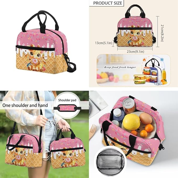 ZFRXIGN Ice Cream Giraffe Kids Backpack for Girls Bookbag with Pendant 17inch Elementary School Bag and Insulated Lunch Box Pencil Case Back to School Supplies
