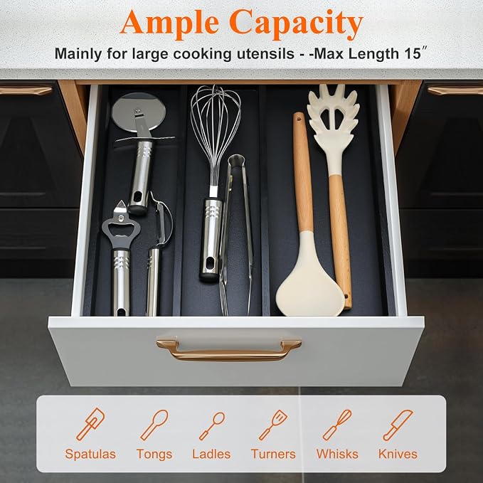 Expandable Black Bamboo Kitchen Utensils Drawer Organizer Silverware Tray | Large Cooking Utensil Tray Drawer Divider Insert Big Spatula Cutlery Holder Knife Spoon Flatware Wood Kitchen Tool Organizer