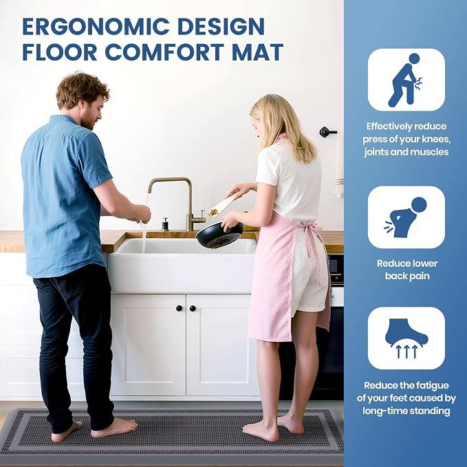 KitchenClouds [2 PCS] Kitchen Rugs Cushioned Anti-Fatigue Kitchen Mats for Floor Waterproof Kitchen Rug Set Non-Slip Comfort Standing Mat for Office, Sink, Laundry 20"×30"+20"×47", Grey