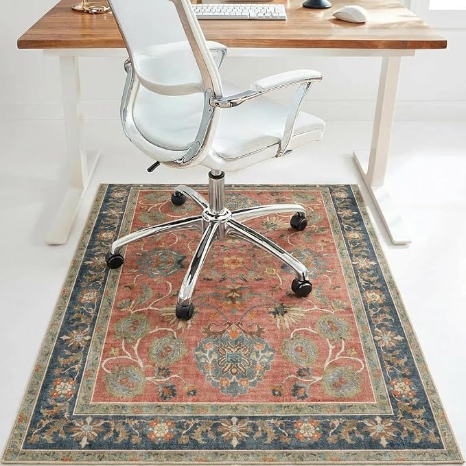 36"x48" Office Chair Mat for Hardwood Tile Floor, Under Desk Carpet Protector for Rolling Computer Chair Mat, Machine Washable Area Rug, Anti-Slip 1/5" Thick Low Pile Thin Vinyl Floor Mat, Antique Red