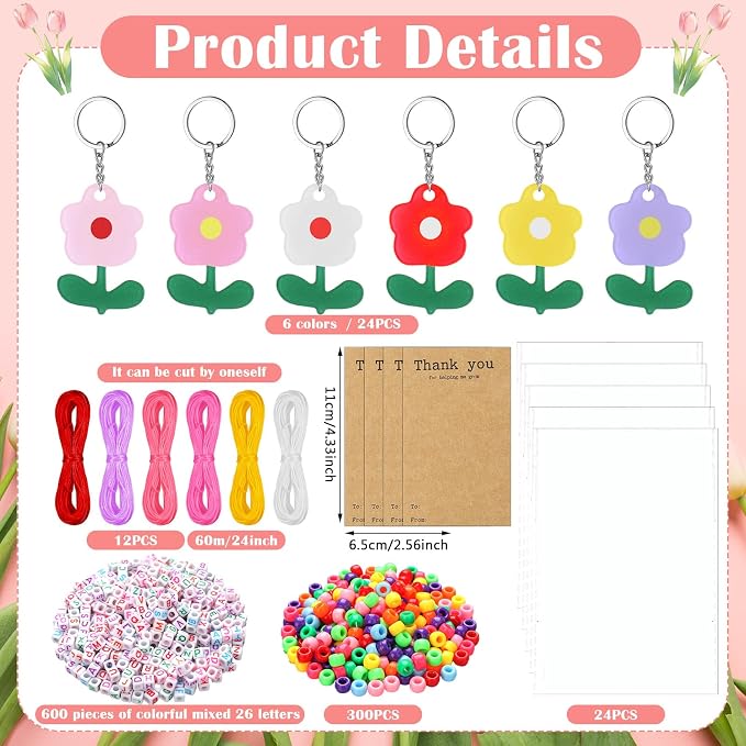 Suncalla 984 Pcs 24 Set Teacher Keychain Making Crafts Kit Back to School Teacher Keychain Gifts DIY Thank You for Helping Me Grow Gifts Flower Charm Name Letter Beads Cards Strings Kit