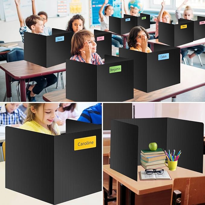 6-Pack Desk Dividers for Students, Waterproof Durable Plastic Study Carrel Dividers, Easy to Clean, Privacy Classroom Shield Folder Boards for Student Desk, Black