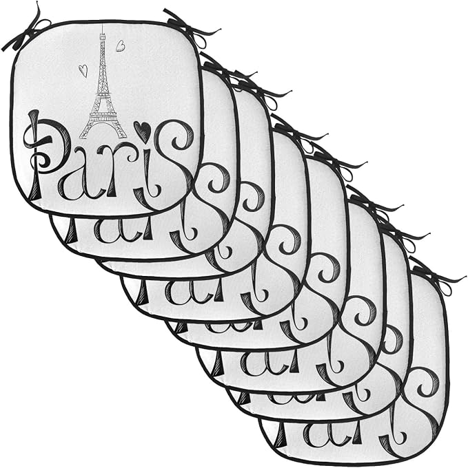 Lunarable Paris Chair Cushion Pads Set of 8, Illustration Eiffel Tower France Heart Shapes Silhouette Vacation Theme Art, Anti-Slip Seat Padding for Kitchen & Patio, 16"x16", Black White
