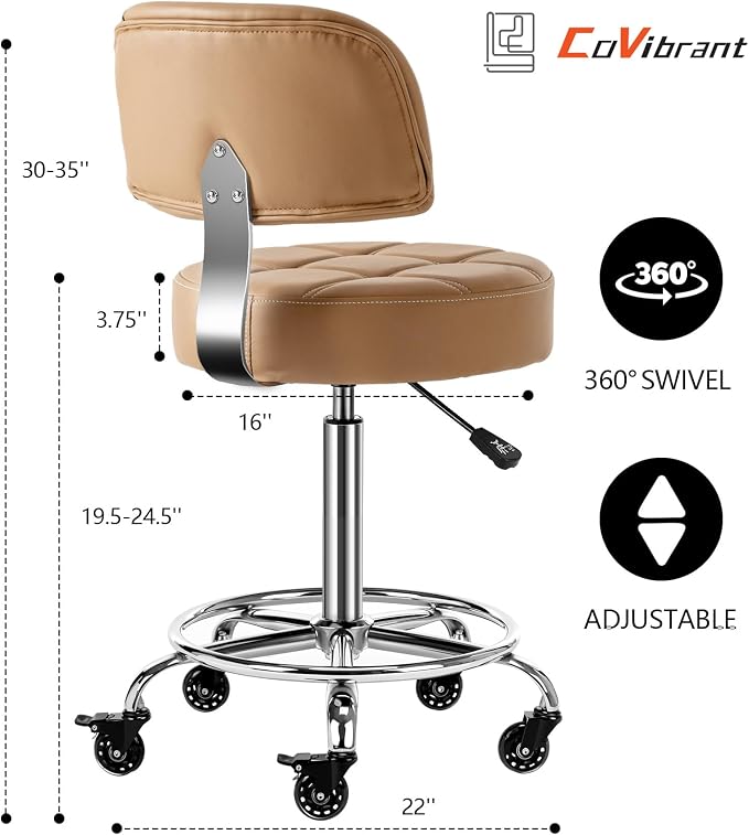 Lockable Stool with Back and Foot Rest Ergonomic Rolling Hydraulic Adjustable Stool for Doctor Esthetician Artist Home Small Office Desk (Camel, 19.5''-24.5'')