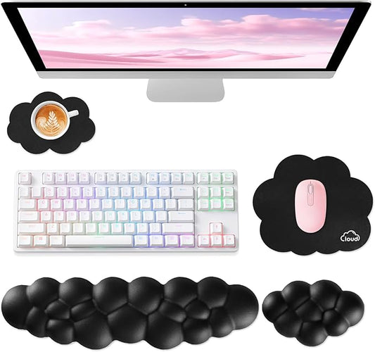 Cloud Wrist Rest for Computer Keyboard, 4-in-1 Memory Foam Leather Cloud Keyboard Wrist Rest and Mouse Pad Set with Ergonomic Support for Arm and Palm Cushion, Gaming/Work Setup, Black