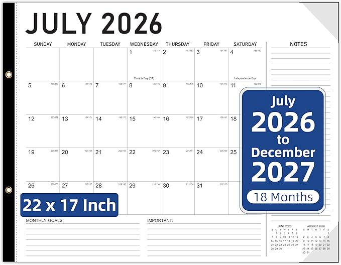 Tcamp Desk Calendar 2026-2027 Large 22 x 17 Inches from July 2026 to December 2027, 18 Months Extra Large Desktop Monthly Calendar Pad for Home School Office