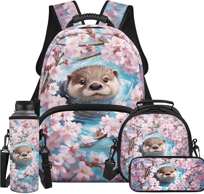 Ystardream Cherry Blossom Otter Elementary Backpack for Girls with Lunch Box Pencil Case Water Bottle Sleeve Waterproof School Bookbag with Big Front Pocket for Teens Kids Back to School Gift Bookbag