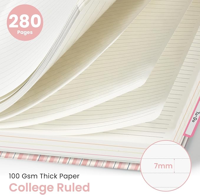 Large Spiral Lined Notebooks for Work with Removable Dividers & Tabs, 8.5"x11" Pretty Hardcover 5 Subject Notebook Journal for Women, College Ruled, Perfect for Study & Office Organization, 280 Pages, Rosette Bow