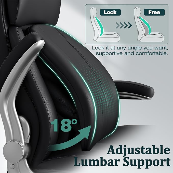 Executive Office Chair, Ergonomic Desk Chair, 500lbs Heavy Duty Comfy Computer Chair with Adjustable Lumbar Support, Flip-up Arms, Wide Thick Seat, High Back Office Chair for Back Pain