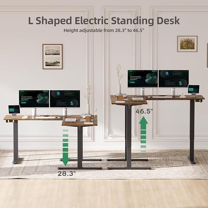 Claiks L Shaped Height Adjustable Electric Standing Desk with Dual Motors and Headphone Hook, 59" Corner Sit Stand Desk with Memory Presets for Home Office & Gaming, Rustic Brown
