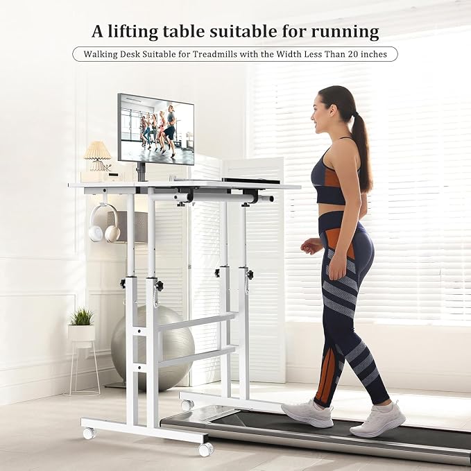 Simple Deluxe Split Top Rotating Standing Desk on Wheels – 23.6" Manual Adjustable Height Mobile Laptop Computer Table – Sit Stand Rolling Workstation with Tilt Function – White