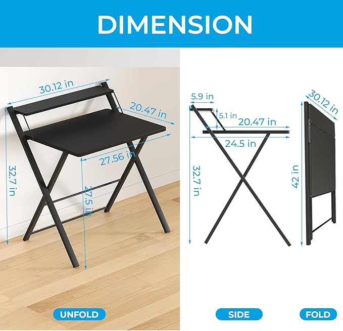 GreenForest No Assembly Folding Desk, 2-Tier Compact Computer Desk with Shelf, 30 inch Space Saving Foldable Table for Home Office, Dorm or Apartment, Portable Collapsible Sturdy Laptop Desk, Black