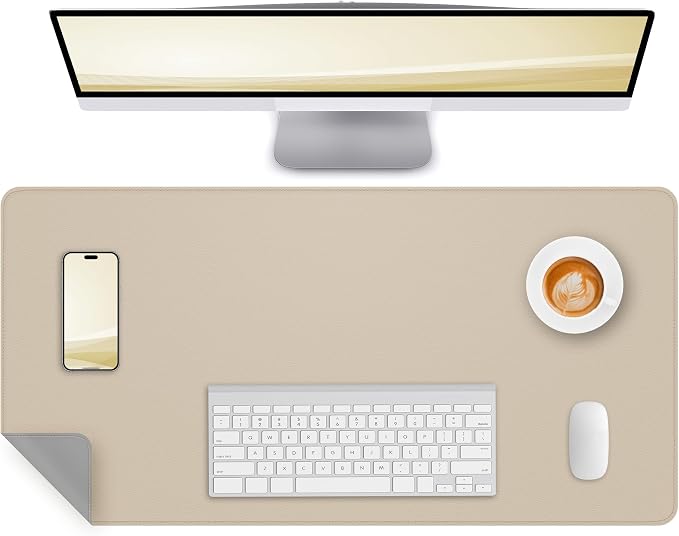 Dual-Sided Leather Desk Pad Protector- Non-Slip PU Desk Mat, Small Waterproof Office Blotter for Keyboard & Mouse | Desktop Mat | Home Office Accessories (31.5"x15.7",Beige Grey)