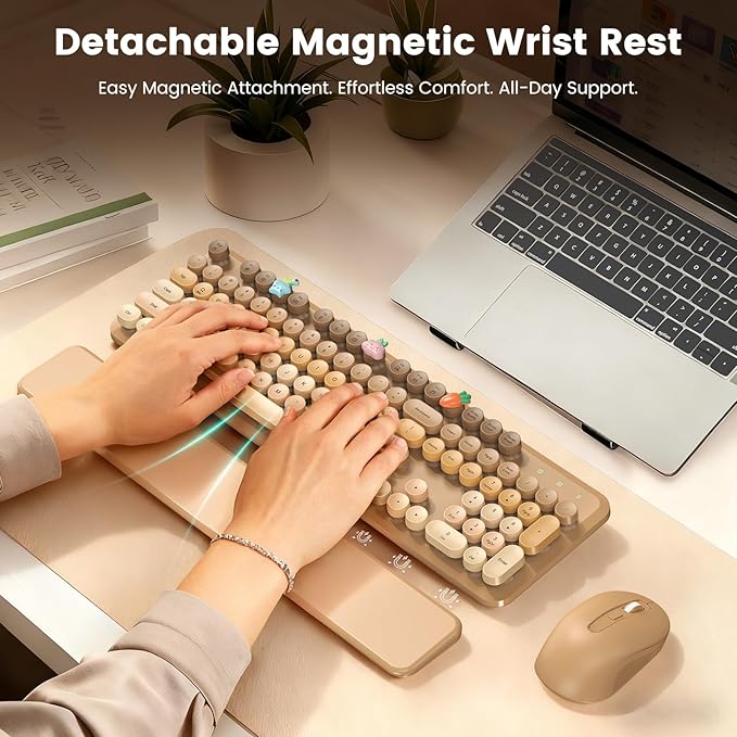 Wireless Keyboard and Mouse Combo, Cute Retro Typewriter Keyboard with Round Keycaps, Full-Size Aesthetic Keyboard with Magnetic Wrist Rest, 2.4GHz USB for Windows/Mac Desktop Laptop (Latte Gradient)