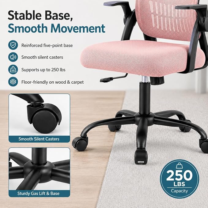 Ergonomic Office Chair, Home Office Desk Chair, Breathable Mesh Desk Chair with Adjustable Lumbar Support and Flip-up Armrests, Game Chairs, 360° Swivel Desk Chairs for Conference, Meeting Room(Pink)