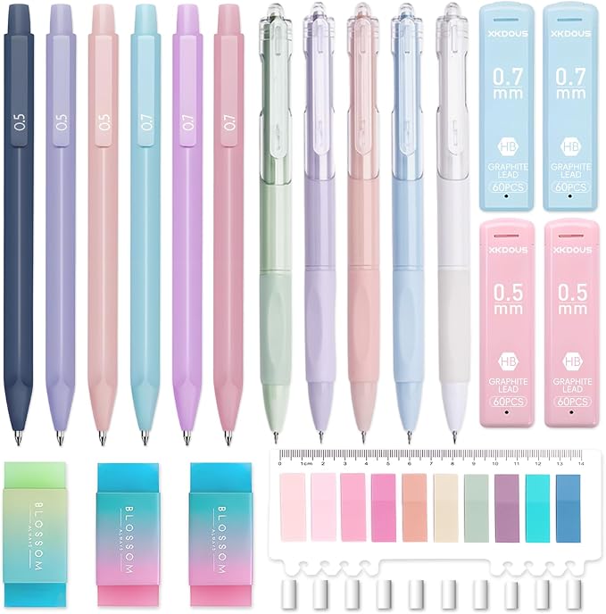 XKDOUS Cute Aesthetic School Supplies, Mechanical Pencils 0.5 & 0.7mm with 240 Lead Refills, 5 Black Gel Pens, Colored Index Stickers Stationery Set for Writing Drawing Office