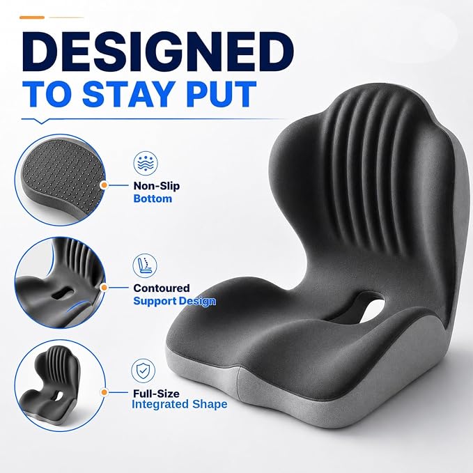 Ergonomic Memory Foam Seat Cushion with Back Support, Office Chair Cushion | L-Shaped Integrated Design with Lumbar Support and Tailbone Cutout for Office, Car, Computer, Dining Chairs (Black)