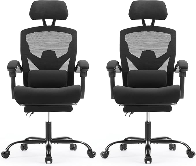 Sweetcrispy Office Computer Desk Chair Set of 2, Ergonomic High-Back Mesh Rolling Work Swivel Chairs with Wheels, Comfortable Lumbar Support, Comfy Arms for Home, Bedroom, Study, Student, Black