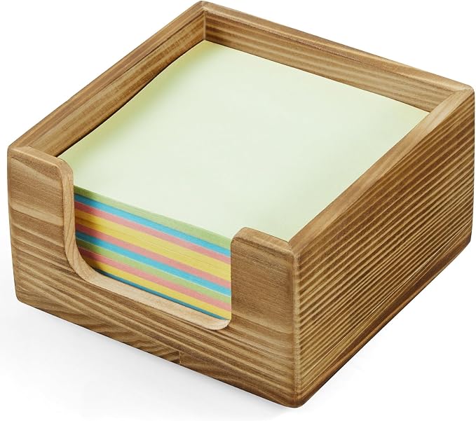 Burnt Wood Sticky Note Holder, 3 x 3 Inch Post It Note Dispenser for Office Desk Accessories, Self Stick Note Pad Holder, Memo Pad Holder Dispenser Organizer for School Office Desk Supplies