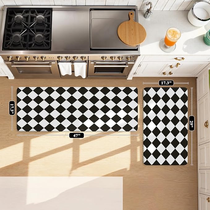 KIMODE Anti Fatigue Kitchen Mats for Floor,Farmhouse Rugs for Kitchen Floor | Black and White Diamond Kitchen Floor Mat Non Slip, Cushioned Standing Mat for Laundry Office Sink Desk Dorm 17"x47"+17"x29"