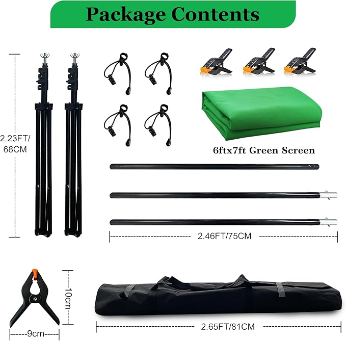 2 in 1 Green Backdrop Stand Kit, 10x8.5 ft Portable Dual Rod Stand kit with 8.5x12ft Green Backdrop-Premium Polyester for Video Streaming, Portrait Photoshoot,Wall Mounted, Parties