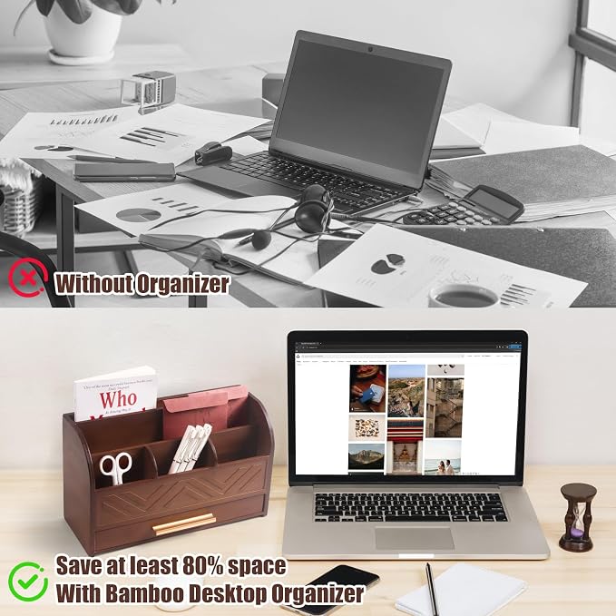 Brown Desktop Organizer with Drawer Storage, White Desk Organizer Mail Holder Mail Organizer Countertop Pen Holder Letter Sorter Make up Organizer for School Home Office Supplies