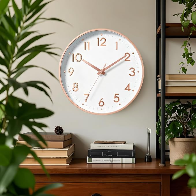 Mosewa 12 Inch Wall Clock Battery Operated Silent Non Ticking Analog | Rose Gold modern clock; oversized 3D easy-read dial for kitchen, bedroom & office; 1 AA battery (not included)