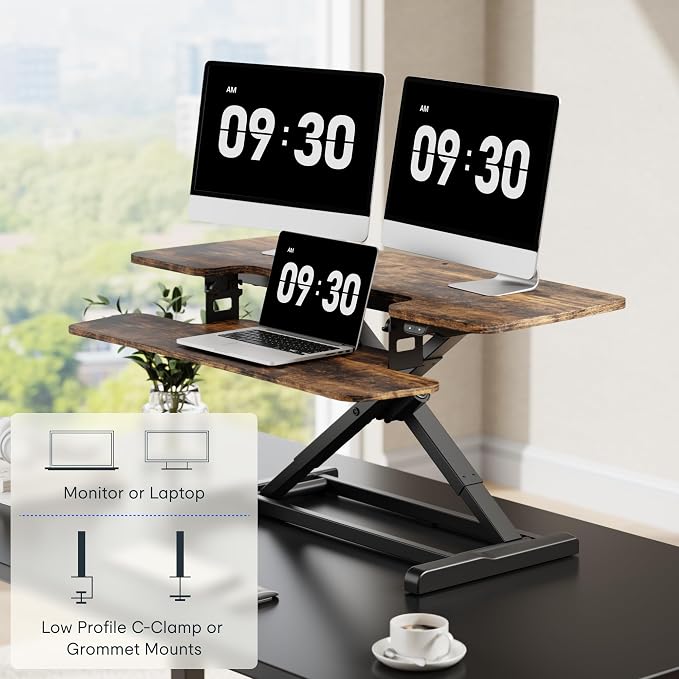 FLEXISPOT 40" Electric Standing Desk Converter, Motorized Sit to Stand Desk Riser, Height Adjustable Desktop Dual Monitor Workstation with Large Keyboard Tray, Rustic Color