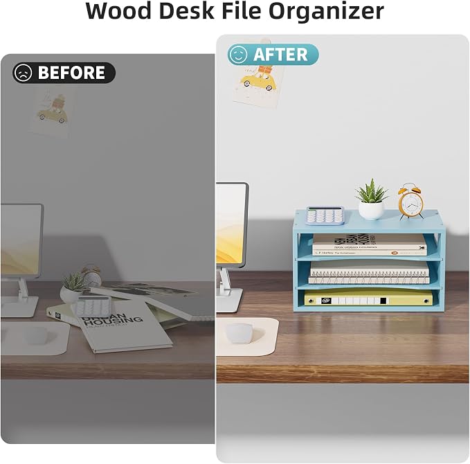 Marbrasse 3 Tier Wood Desk Organizer,Desk Paper Letter Tray Organizer，Blue | Wooden Desktop File Organizer with Handle and Paper Sorter Mail Holder for Office School & Home Supplies Organization