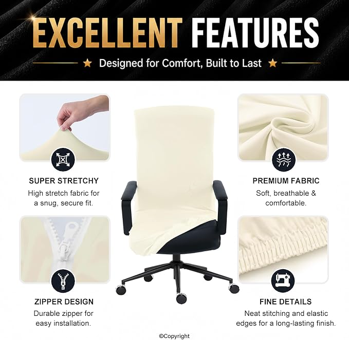 DIVA EN CAMINO DEC Universal Office Chair Cover with Zipper, Stretch Slipcover for Home Office Desk or Boss Chair, Cream