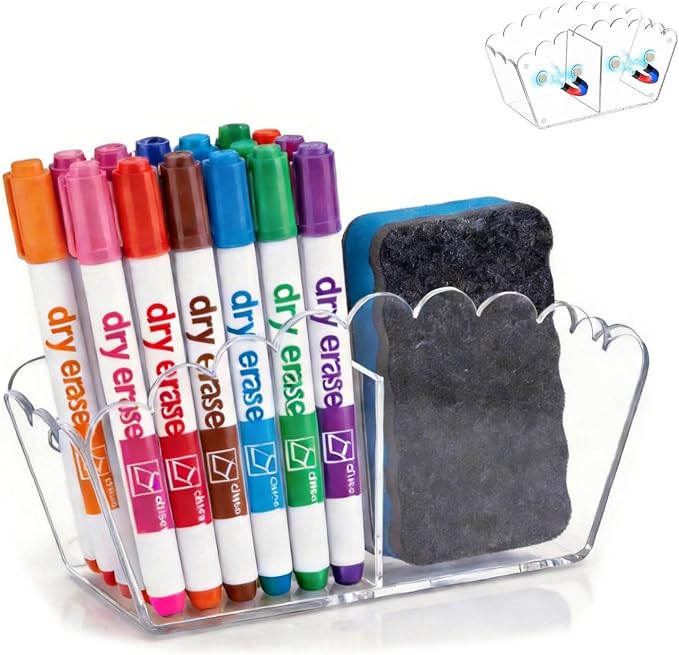 Chivalral Magnetic Side-Mount Acrylic Pen Holder - 2-Compartment Scalloped Organizer with Blackboard Attachment for Office, Classroom & Home Use