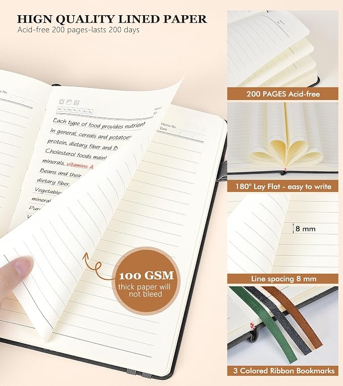 PERCUN Lined Journal Notebook for Men & Women,200 Pages A5 Hardcover Leather Notebook (5.9"x8.5"), Travel Journal for Work, School, Business Writing, Note Taking, Notepad Diary (Black)