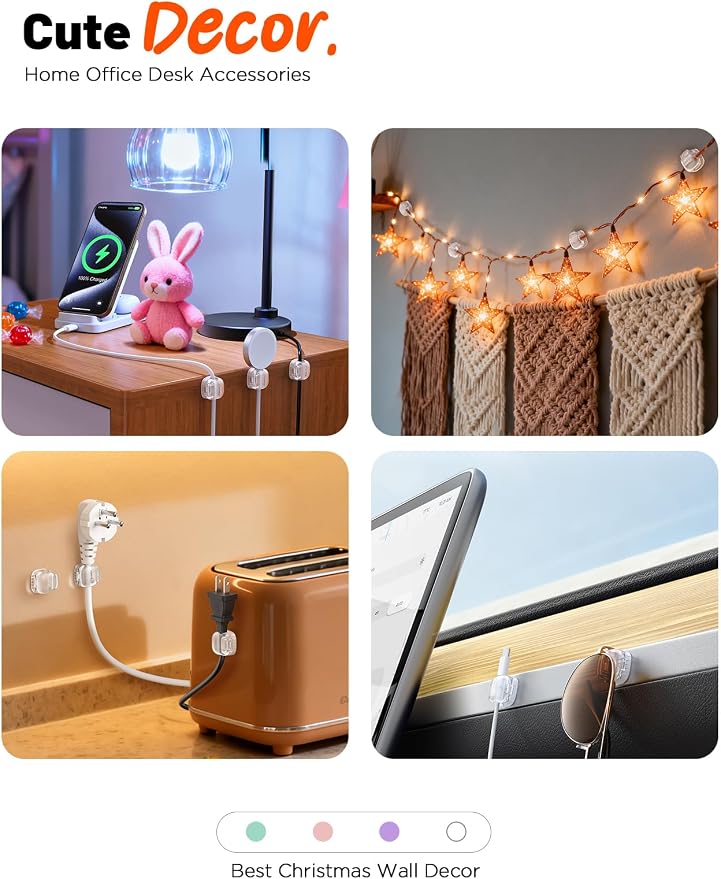Cable Clips,12Pack Cord Holder Cord Organizer [1s Lock & Strongest Adhesive] Spring Cord Clips Phone Charger Wire Desk Cable Management Nightstand Home Office School Decor Women Desk,Transparent Clear