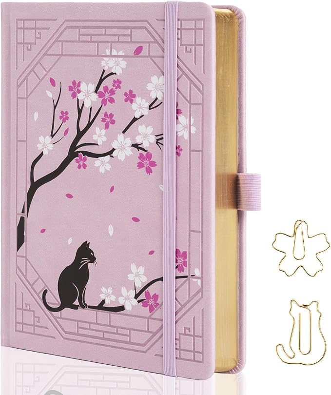 TIEFOSSI A5 Dotted Journal, Cute Cat Journal for Women Girls, Dot Notebook with Pretty Sakura Pattern, Aesthetic Diary for Writing Journaling Drawing, Golden Edges