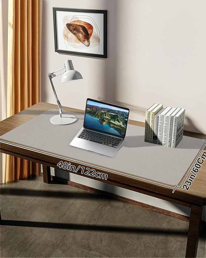 Leather Desk Pad Protector, Large Office Mat & Mouse Pad, Non-Slip Laptop Desk Blotter, Waterproof Writing Pad (Light Grey, 48" x 24")