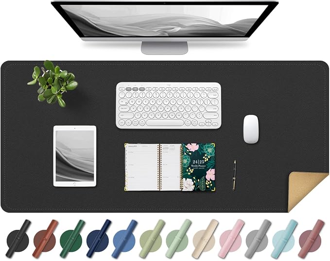 Non Slip Desk Mat, 31.5" x 15.7" PU Leather Desk Pad, Cork Desk Mat for Desktop, Desk Pad for Keyboard and Mouse, Ideal for Office and Home, Black
