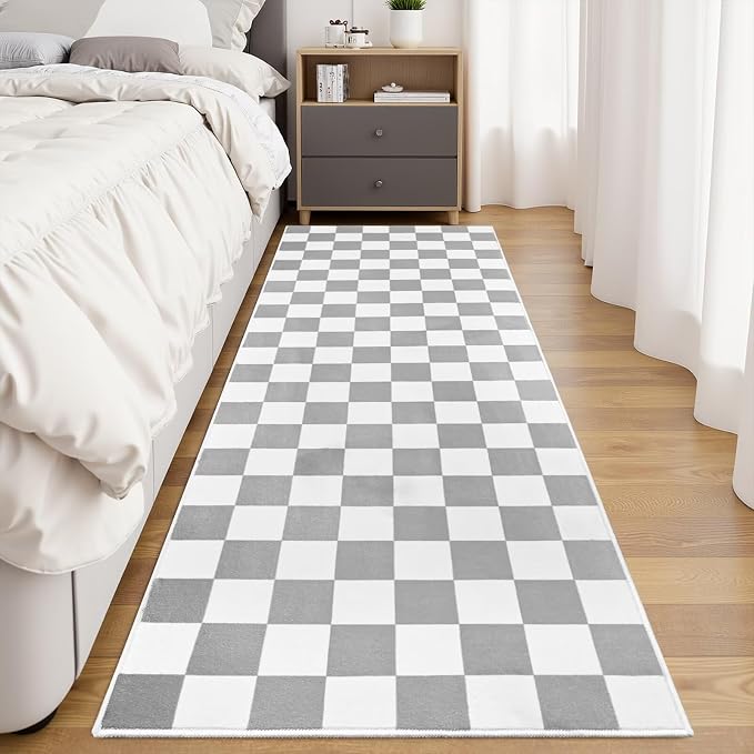 Terrug Grey and White Checkered Area Rug for Kitchen,2x6 Runner Rugs Washable with Non Slip for Bedroom,Soft Low Pile Stain Resistance Retro Carpet for Entryway Hallway