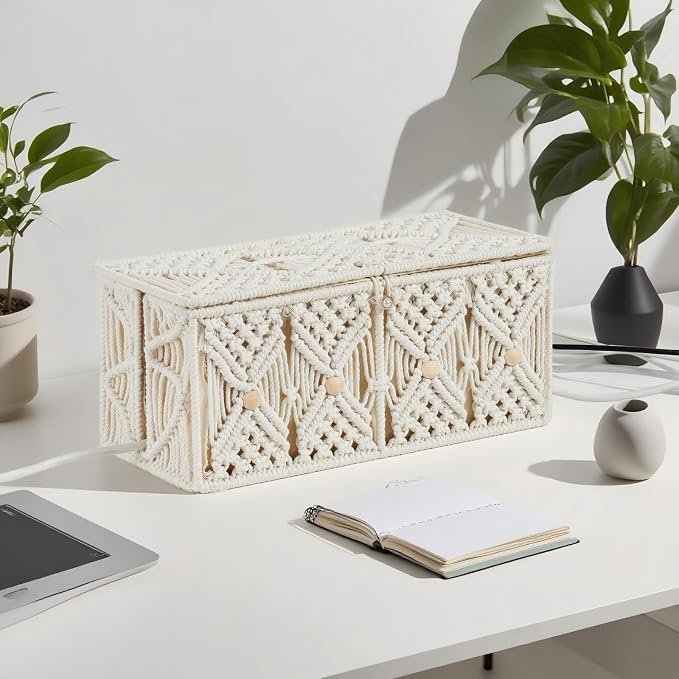 Cable Management Box Handmade Macrame Cord Storage Organizer | Power Strips Outlet Router Adapter TV Wire Hider Cover Under Desk Natural Cotton Rope Woven Basket w/ Lid, Off White, Large