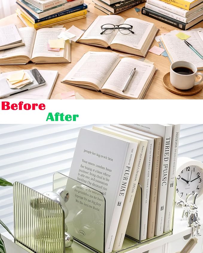 Versatile Acrylic Magazine File Holder, 3 Compartment Desk Document Organizer Sorter, Clear Bookends & Folder Rack for Classroom, Holds Tablet, Magazines, Files, Supplies & Accessories-2 Pack Green