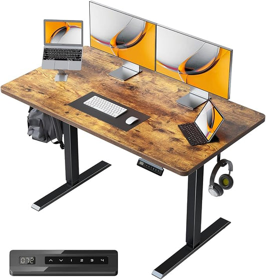 CubiCubi 40 x 24 Small One-Piece Standing Desk, Adjustable Height Electric Computer Home Office Sit Stand up Workstation, with 4 Memory Presets, Headphone Hook, Rustic Brown