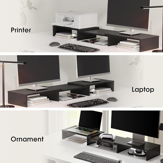 FITUEYES Dual Monitor Stand Riser, Adjustable Length and Angle, Black | Wooden 3-Shelf Design, Supports up to 55lbs, Flexible for Standard Corner Space, Holds Monitor, Laptop, Phone, Printer
